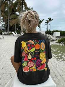 Women's T-Shirts, Summer Tops [Double-Sided Print] Women's Spring And Summer Casual T-Shirt With A Playful Fruit Design And The Inscription "You're The Berry Zest" On A Crew Neck, Short-Sleeved, Oversized T-Shirt [Chu K] Cotton T-Shirt, Women's - Black - View 3