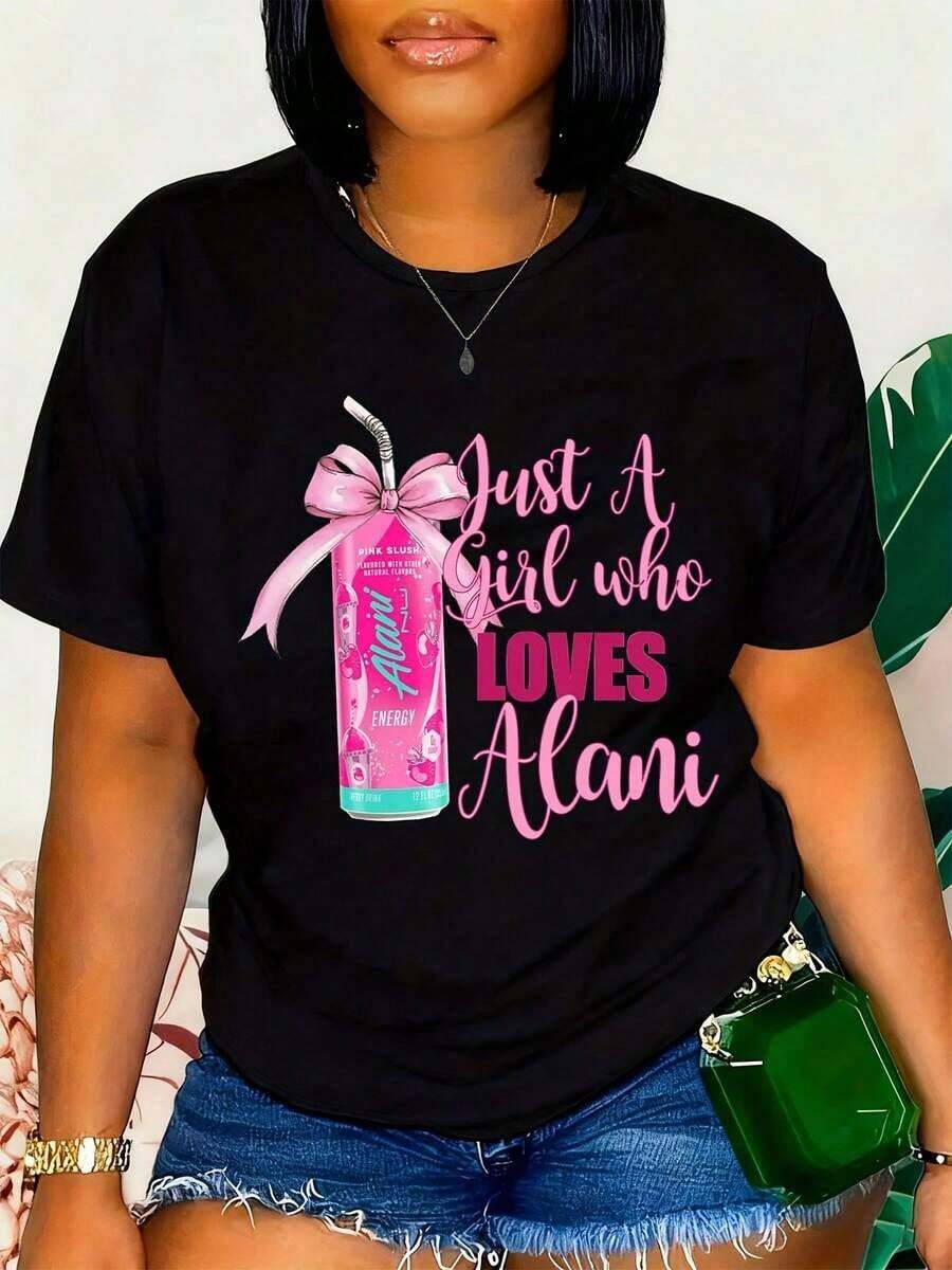 Only A Girl Who Loves Alani - Women's Pink Energy Drink Design T-Shirt, Funny Graphic Tee With Bow And Bottle Print, Casual Summer Top - 黑色 - 查看 1