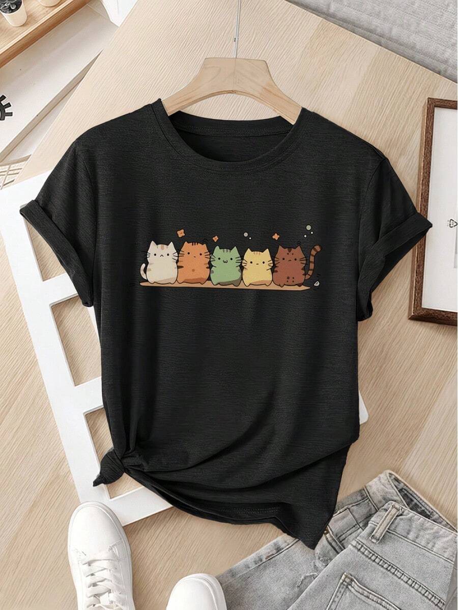 Women's Casual Sports T-Shirt With Colorful Cartoon Cat Graphic - Black Elastic Crew Neck T-Shirt, Machine Washable, Comfortable Fit And Perfect For All Seasons, For Leisure. - 黑色 - 查看 1