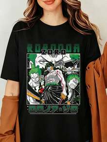 Roronoa Zoro Ones Pieces Anime Graphic T-Shirt Japanese Manga Print Black Cotton Tee Men Women Streetwear Harajuku Top, Ones Pieces Zoro Fanart Graphic T-Shirt - Black - View 6