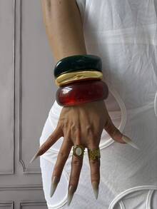 3pcs Set European And American Exaggerated Geometric Bangles, Dark Green And Amber Color Combination, Luxury Minimalist Elegant Open Cuff Bracelets, Versatile Unique Stackable Jewelry For Women - Multicolor - View 15