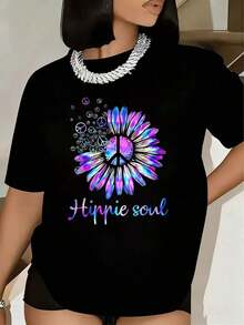 Camiseta de Mujer con Estampado de Margaritas Coloridas, Símbolo de la Paz y Estilo Hippie, Manga Corta, Cuello Redondo, Informal, para Verano, 220g - Negro - Ver 1