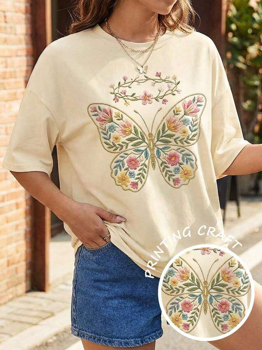 Camiseta Oversize con Gráfico de Bordado Falso de Mariposas Florales - Algodón Suave, Estilo Cottagecore, Casual, Hombros Caídos, , Una Pieza, 35% Algodón, 65% Poliéster. - Albaricoque - Ver 1