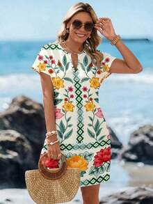 Vestido corto minimalista casual con cuello en V, adecuado para primavera y verano, ropa de verano para mujer, a rayas de colores, ropa de resort para mujer - Multicolor 4 - Ver 1