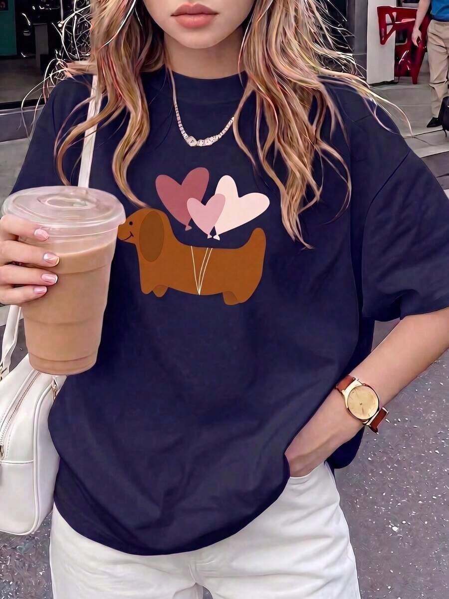 Camiseta de mujer estampada de manga corta para verano, tela de poliéster, estilo multifuncional, corte regular, peso 180 gramos, 1 unidad. - Azul oscuro - Ver 1