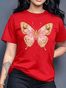 Camiseta playera grafica dama mujer estampado mariposa dorada y rosa mariposas primavera verano dia noche casual corte holgado cuello redondo manga corta material suave-Vintage Street Style Unisexoose Cotton Short Sleeve Crew Neck T-Shirt - Rojo - Ver 1