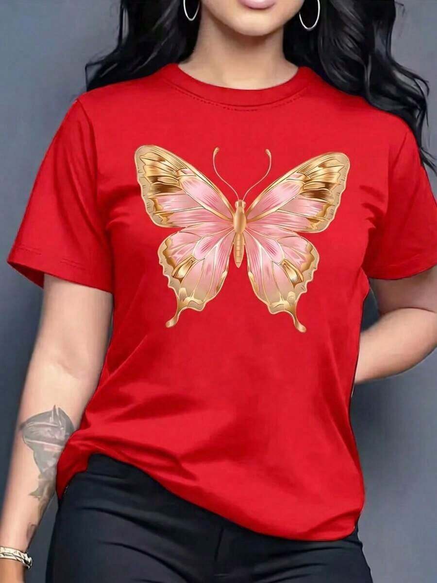 Camiseta playera grafica dama mujer estampado mariposa dorada y rosa mariposas primavera verano dia noche casual corte holgado cuello redondo manga corta material suave-Vintage Street Style Unisexoose Cotton Short Sleeve Crew Neck T-Shirt - Rojo - Ver 1