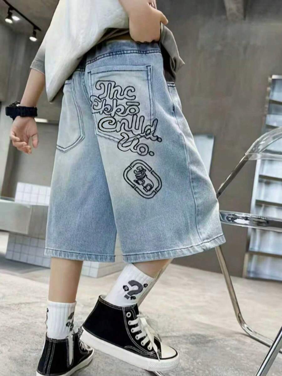 青少年男童新款时尚牛仔七分裤 - 中等水洗藍 - 查看 1