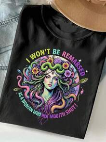 Una camiseta de manga corta para mujer, moderna, a la moda, retro, holgada, suave y cómoda, adecuada para actividades al aire libre en primavera y verano.Camiseta de mujer con estampado de patrón de cabello de serpiente Medusa, diseño de texto "NO SERÉ RECORDADA COMO UNA MUJER QUE SE CIERGA LA BOCA", diadema floral, decoración de serpiente, cuello redondo informal, camiseta de verano transpirable, regalo de Navidad perfecto.blusas para mujer,blusas casuales para dama,tops,, mujer premium,y2k,playeras de mujer curvy,ofertas y liquidaciones ropa mujer,playeras deportivas para mujer,,playeras de hombre, mujer,blusas>elegante 2K3N - Negro - Ver 1
