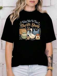 Camiseta Divertida de Talla Grande para Mujer con Estampado de Ganso 'Llévame a la Tienda de Segunda Mano', Cuello Redondo Casual, Manga Corta, para Uso Diario en Primavera, Verano y Otoño, Transpirable y Cómoda, Regalo para Amantes de las Compras de Segunda Mano, Lavable a Máquina, para Mujeres - Negro - Ver 1
