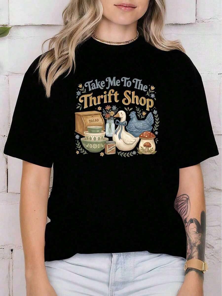 Camiseta Divertida de Talla Grande para Mujer con Estampado de Ganso 'Llévame a la Tienda de Segunda Mano', Cuello Redondo Casual, Manga Corta, para Uso Diario en Primavera, Verano y Otoño, Transpirable y Cómoda, Regalo para Amantes de las Compras de Segunda Mano, Lavable a Máquina, para Mujeres - Negro - Ver 1