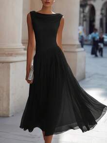 New Collection Chiffon Dress With Drop Neck, Holiday And Party Style, Exclusive Design, Elegant, Sophisticated European Fashion For Women - Hitam - View 6