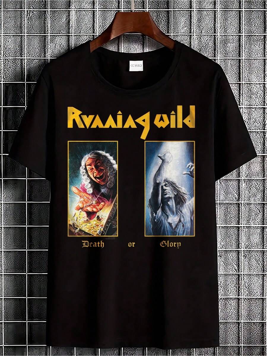 Camiseta de manga corta transpirable para hombre de Localblack con ilustraciones de "Death Or Glory" de Running Wild, para fanáticos de la música y asistentes a conciertos de rock. Estilo casual de verano, una camiseta de manga corta adecuada para el hogar, el uso diario, fiestas y viajes-perfecta como regalo para amigos o familiares. - Negro - Ver 1
