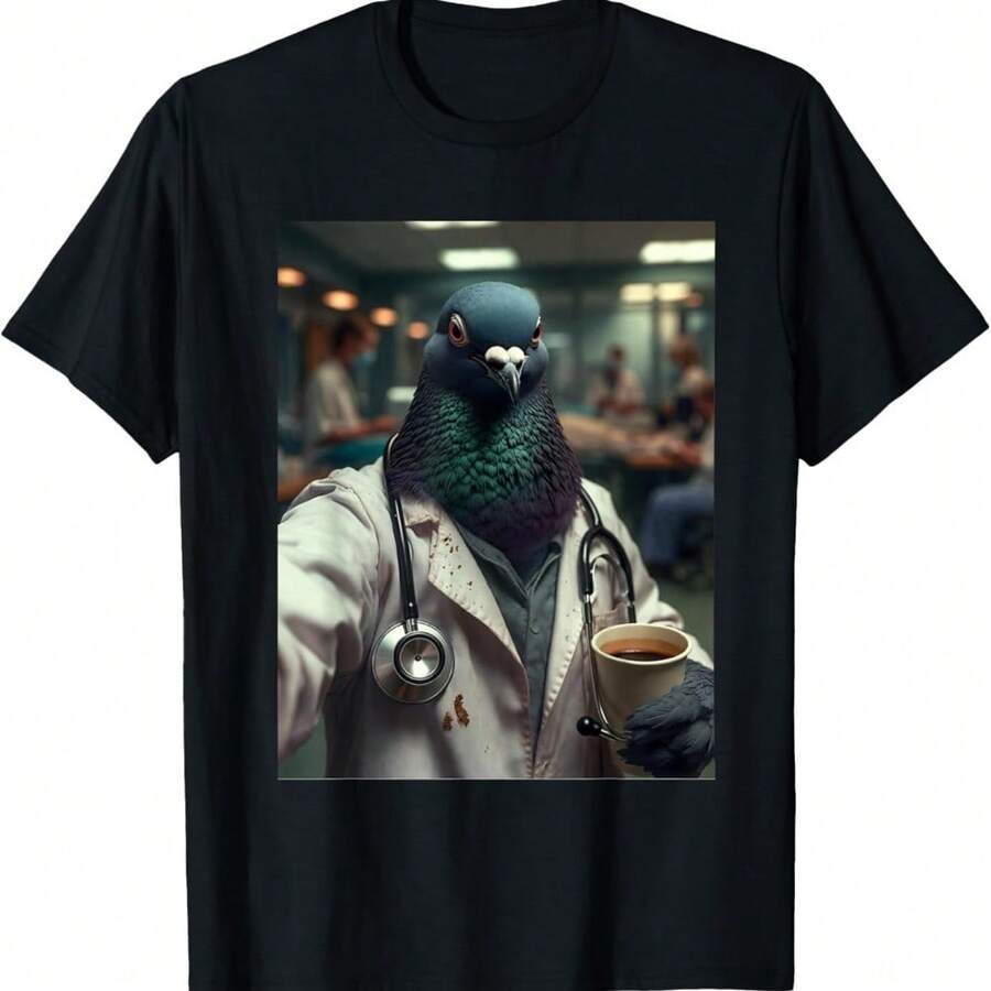 Pigeon Doctor Walking Down With Coffee And Stethoscope Meme T-Shirt - Black - View 1