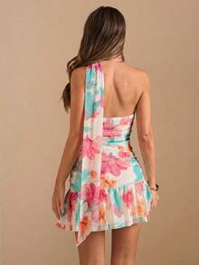 Vestido mini elegante con estampado floral crema y amarillo, con pliegues, asimétrico, sin tirantes y con tirantes anudados, para mujer en otoño/invierno. Vestido de cumpleaños, boda, cóctel, elegante y sexy, romántico, para cita, fiesta nocturn - Albaricoque - Ver 2