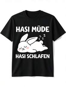 Funny Tired Rabbit Hasi T-Shirt | Black, Size S, Round Neck, Casual Style, Regular Fit, Short Sleeves, For All Seasons, Heat Transfer Print, Loose And Comfortable - [Banc] - View 6