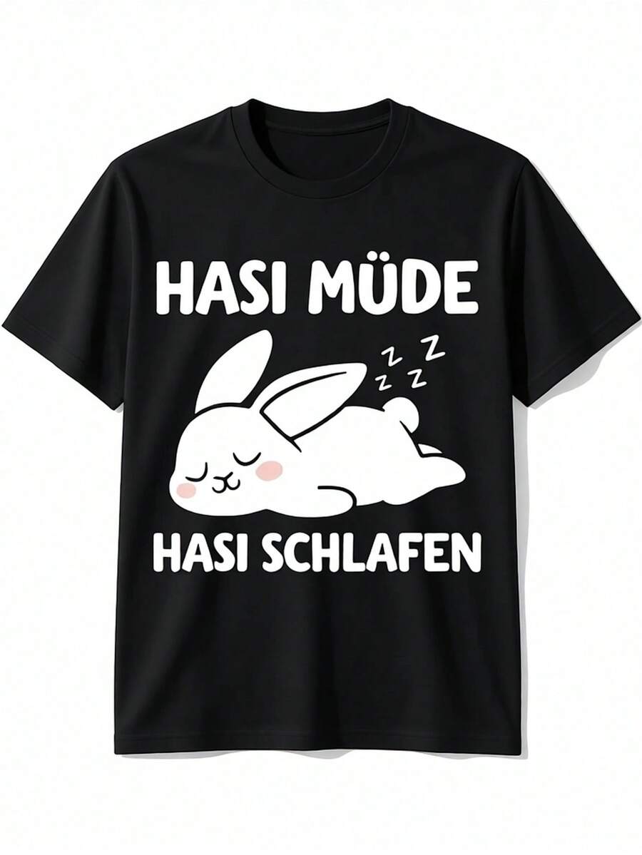 Funny Tired Rabbit Hasi T-Shirt | Black, Size S, Round Neck, Casual Style, Regular Fit, Short Sleeves, For All Seasons, Heat Transfer Print, Loose And Comfortable - Black - View 1