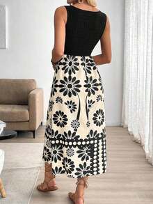 Vestido ajustado sin mangas con estampado de retazos de estilo vacacional para mujer - Blanco y Negro - Ver 2