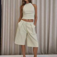Pleated Straight Fit Tailored Longline Shorts Only Classy Sexy Streetwear Night Out Party Spring Elegant  Summer Casual Holiday - Blanco - Ver 6