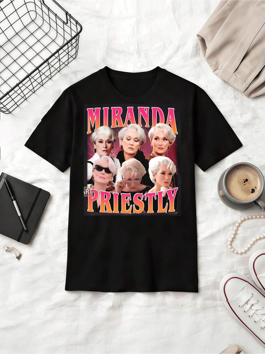 Meryl Streep As Miranda Priestly Retro 90s Style Vintage Rap Tee Shirt - Black - View 1