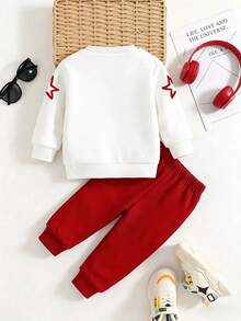 Baby Boy Cartoon Print Crew Neck Long Sleeve Warm Sweatshirt And Pants Set - White - View 2