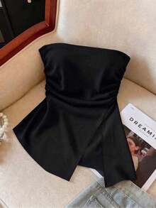 Nueva Moda Primavera/Verano Sexy Blusa Bandeau con Abertura, Cintura Suave Fruncida y Estampado de Lunares Blancos - Negro - Ver 4