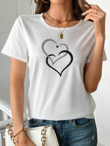 Camiseta con estampado de corazones, de manga corta y cuello redondo, de tela suave, disponible en varios colores, ropa de mujer.una camiseta estampada muy distintiva / estilo unisex / adecuada tanto para hombres como para mujeres / resistente a las arrugas / transpirable - Blanco - Ver 7