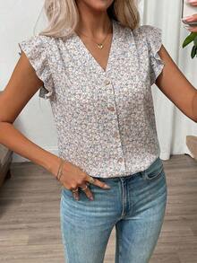 Clasi Blusa de mujer de verano con cuello en V y mangas cortas con estampado floral - Blanco - Ver 8