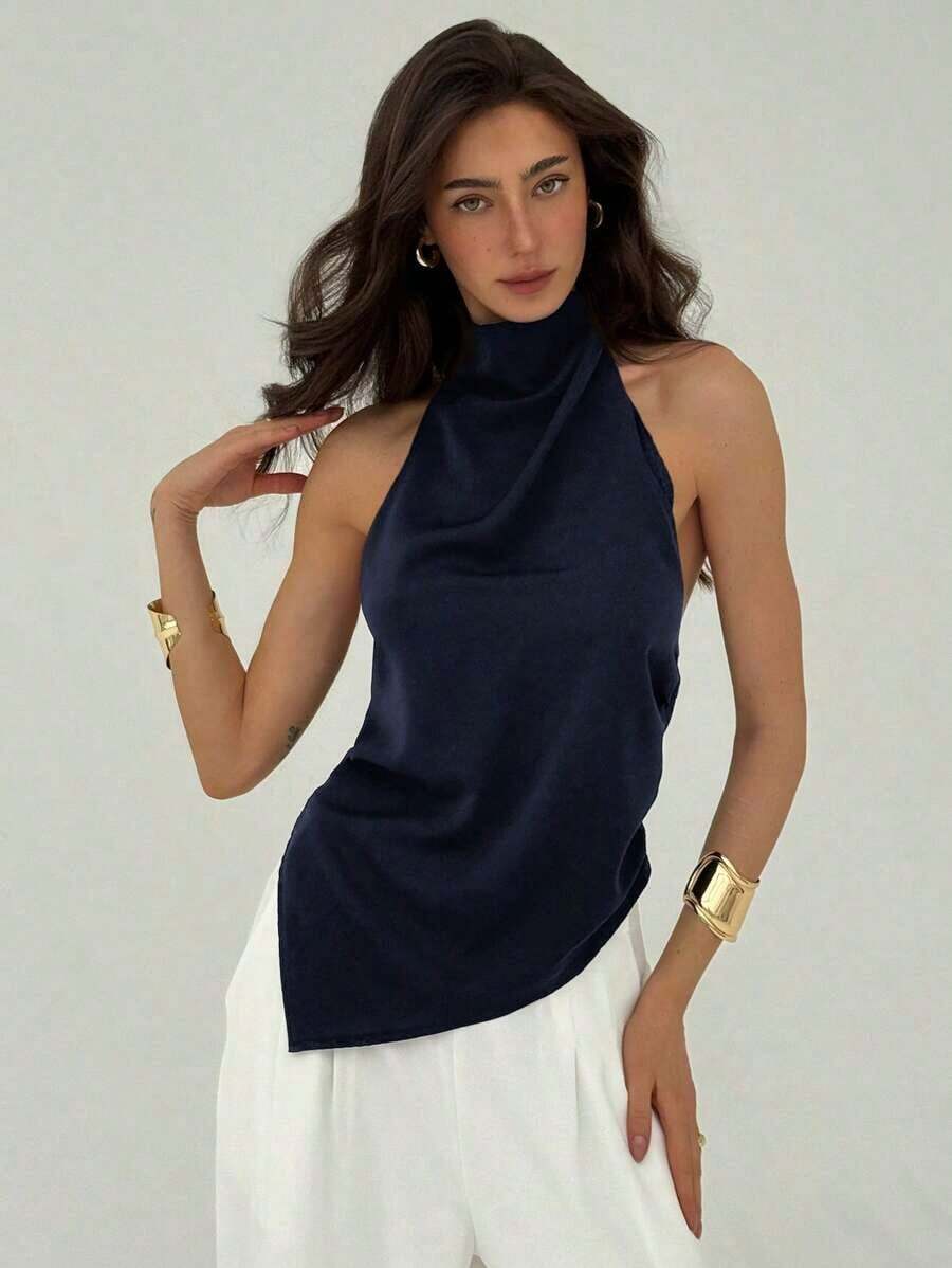 Top elegante de verano de diseño minimalista, sin mangas y con espalda descubierta, de unicolor - Azul marino - Ver 1