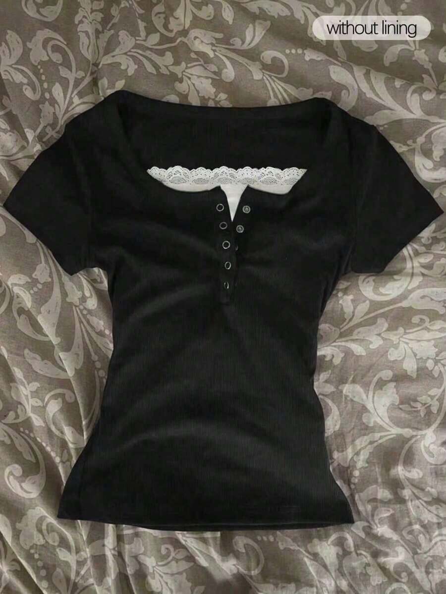 Camiseta de manga corta con cremallera frontal de 2 vías y adorno de encaje para mujer - Multicolor 8 - Ver 1