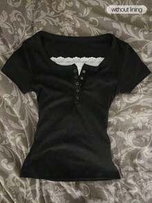 Camiseta de manga corta con cremallera frontal de 2 vías y adorno de encaje para mujer - Multicolor 8 - Ver 6