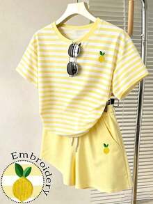 Conjunto de 2 piezas para mujer, top holgado de manga corta, shorts holgados cómodos, conjunto a rayas, bordado de limón, éxito de de verano - Multicolor 3 - Ver 1