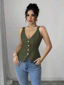 Camiseta sin mangas de un solo pecho de unicolor casual para mujer - Verde militar - Ver 5