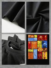Gráficos coloridos de personajes animados transmitiendo alegría creatividad y diversión en bloques geométricos vibrantes camiseta de mujer  suave y cómoda para uso casual diario - Negro - Ver 4