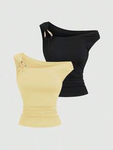 Set de 2 camisetas ajustadas con cuello asimétrico, versátil top casual, primavera/verano - Multicolor 14 - Ver 8