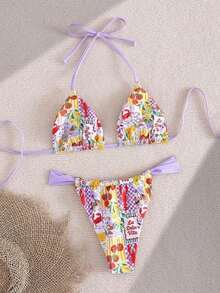 Swim Mod Conjunto de bikini de dos piezas con estampado de frutas y verduras en todo el diseño, con escote halter y lazos, para vacaciones de verano - Multicolor 8 - Ver 2