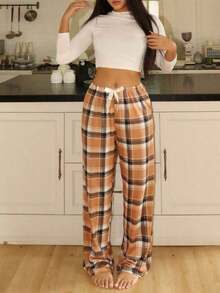 Pantalones de pijama holgados con lazo y estampado de cuadros para mujer, otoño e invierno - Multicolor - Ver 1