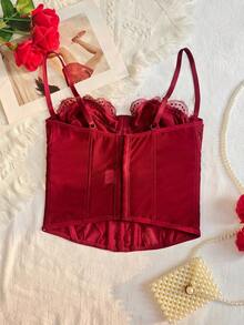 1 pieza Parte superior corta ajustada con adorno de encaje de moda para mujer, top corset de Body ceñido sexy, adecuado para fiesta, viaje, reunión, Navidad, San Valentín, Halloween, verano casual - Burdeos - Ver 11
