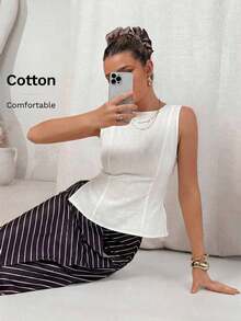 Camisa blanca sin mangas de algodón y lino, ajustada, con botones de nudo de bambú, estilo vintage para oficina - Blanco - Ver 8