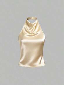 Camiseta sin espalda con lazo, de satén de unicolor, con drapeado halter elegante - amarillo ganso - Ver 7