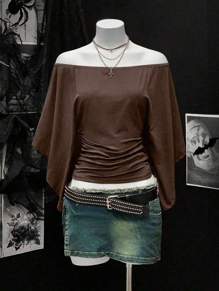 Camiseta retro sexy de mujer con hombros descubiertos, cintura ceñida y pliegues de unicolor - Marrón - Añade 7