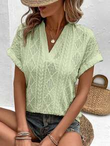 Camiseta suelta de mujer de manga de murciélago con escote en pico, de tela texturizada de unicolor, para verano y vacaciones - Verde 2 - Ver 5
