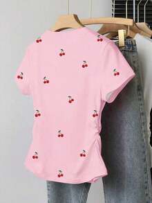 lanzamiento de verano, top corto versátil y casual con estampado de limón dulce, camiseta ajustada a la cintura para mujer, diseño cómodo, adecuado para uso diario, al aire libre, compras - Rosa 2 - Ver 2