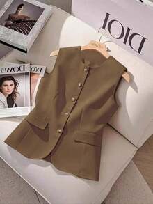 Camisa sin mangas de unicolor y estilo minimalista con botones para mujer - Café integral - Ver 1