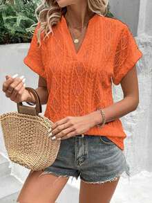 Camiseta suelta de mujer de manga de murciélago con escote en pico, de tela texturizada de unicolor, para verano y vacaciones - Naranja - Ver 3