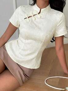 Blusa de cuello Mao de manga corta con cintura ceñida, estilo chino nuevo en color albaricoque, nuevo diseño de primavera/verano para mujer - Albaricoque 2 - Ver 6