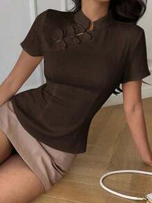 Blusa de cuello Mao de manga corta con cintura ceñida, estilo chino nuevo en color albaricoque, nuevo diseño de primavera/verano para mujer - Café integral - Ver 4