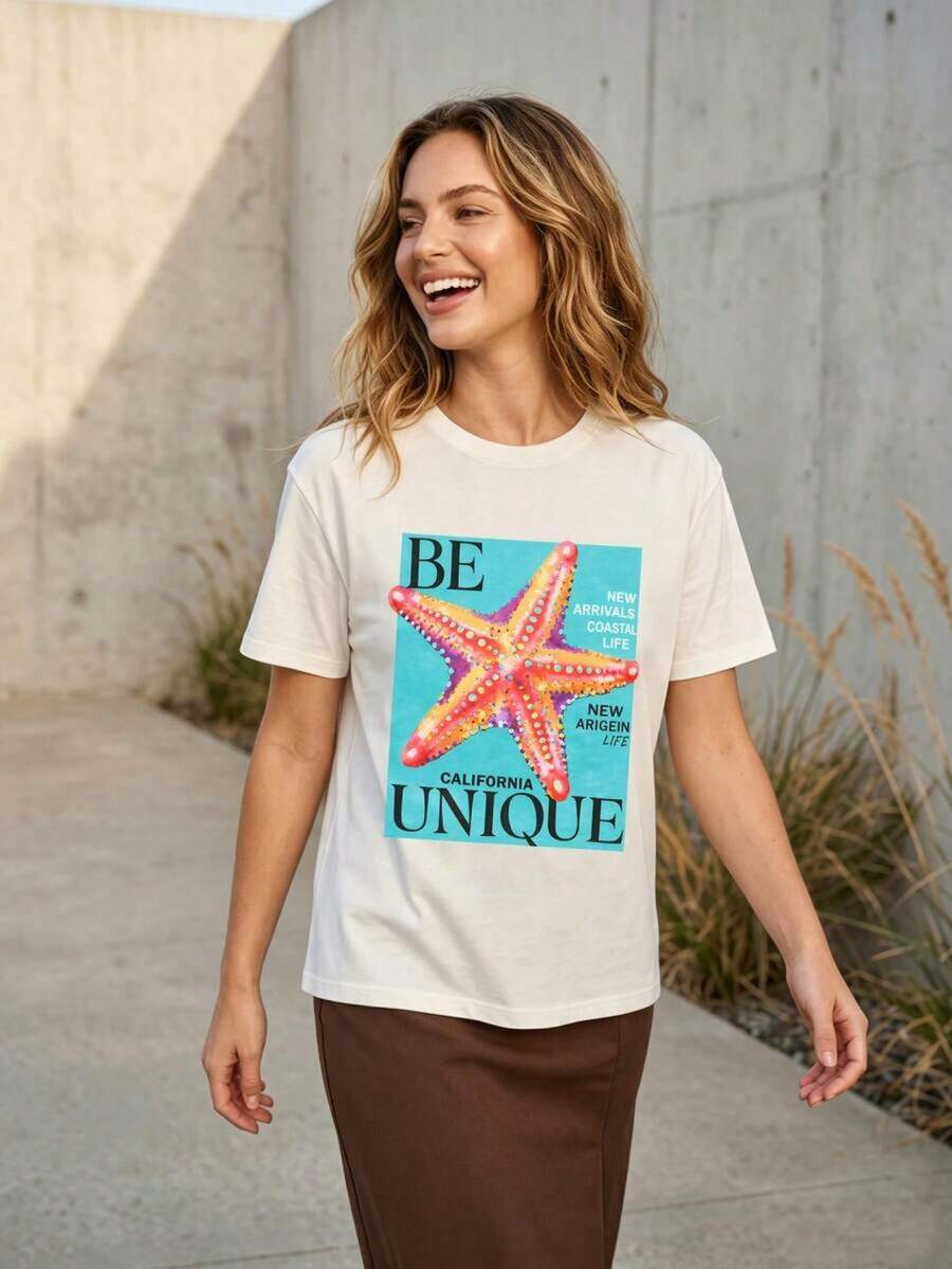 Camiseta de punto casual de manga corta para mujer con cuello redondo y estampado de estrella de mar, top de longitud regular con hombros caídos para salidas a la playa. BBIV - Blanco - Ver 1