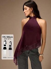 Tall Blusa sin mangas elegante y formal con cuello halter asimétrico, adorno de encaje y hombros descubiertos para fiesta, cóctel, boda o salida nocturna en primavera, verano y otoño - Burdeos - Ver 10