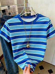 Camiseta de manga corta con cuello redondo y estampado de letras, de uso casual y versátil para uso diario - Multicolor 4 - Ver 3